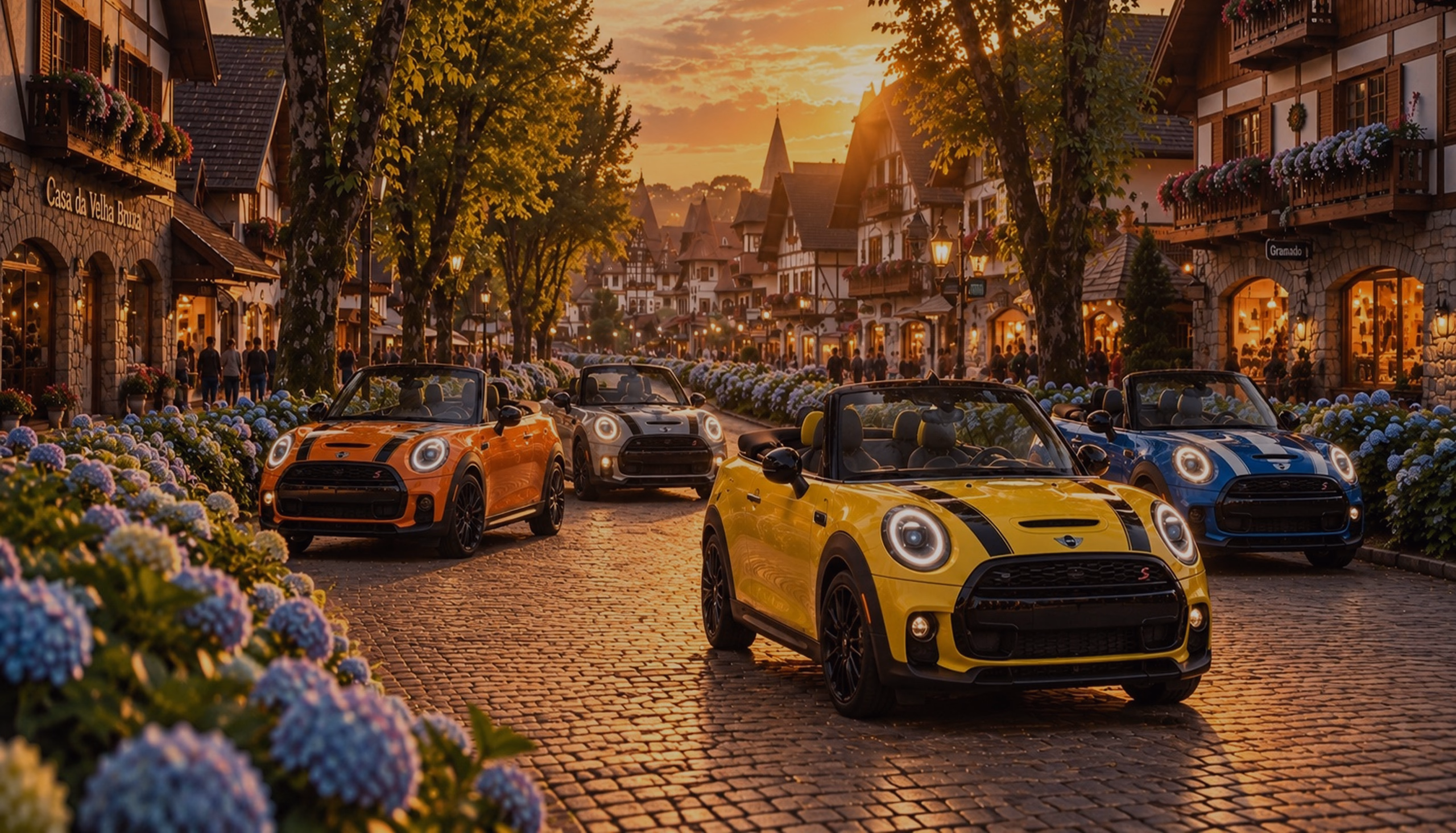 MINIs conversíveis nas ruas de Gramado ao pôr do sol